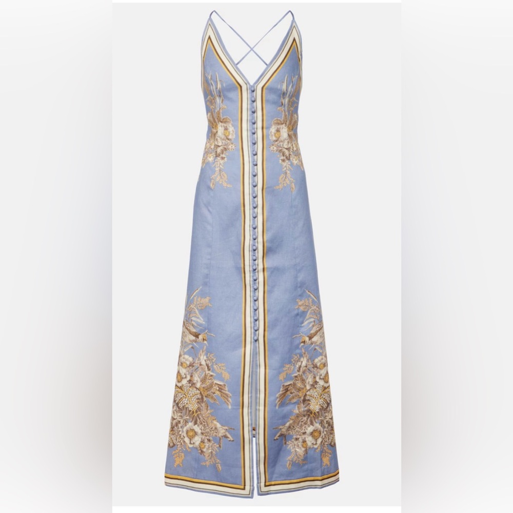 Zimmermann Blue and Gold Embroidered Midi Dress
